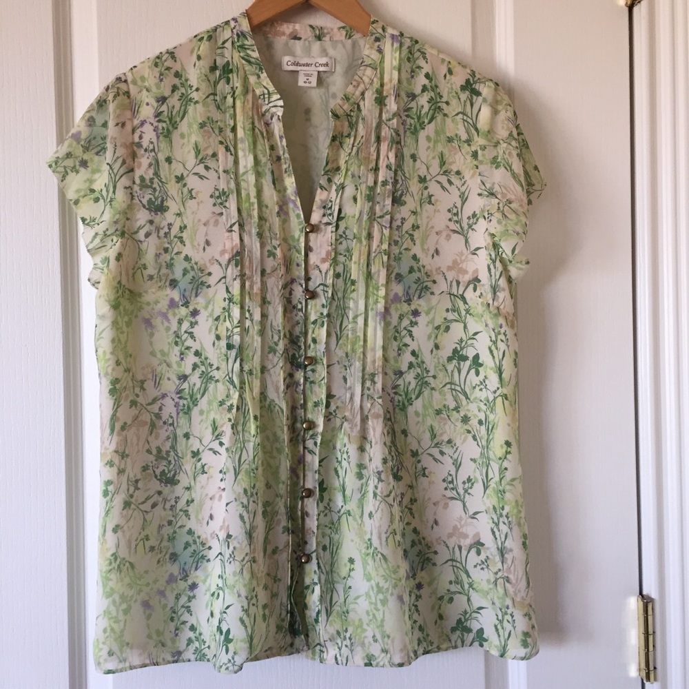 Coldwater Creek V-Neck Blouse Cream & Green size M